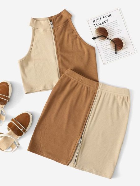 

girls zip up colorblock tank & skirt she, White