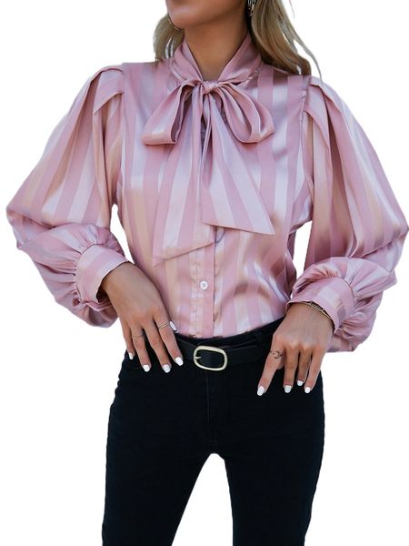 

vertical striped jacquard bishop sleeve tie neck blouse i7c7#, White