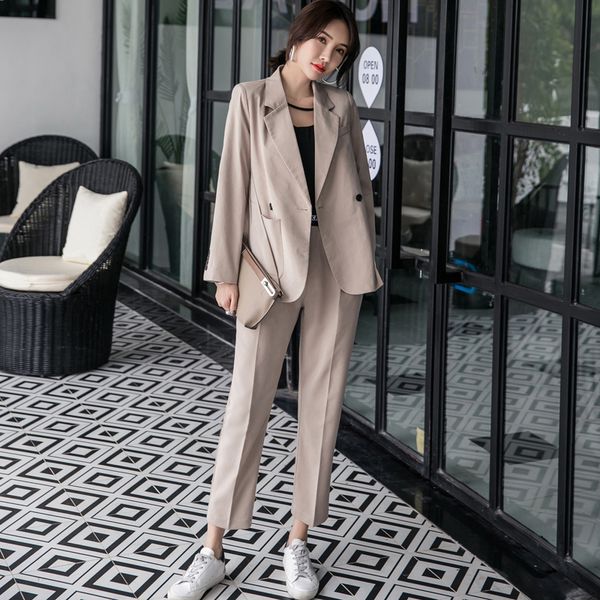 

women 2 pieces set double breasted khaki blazer &amp high waist pant suit fashion female jacket workwear sets female suit 2022, White