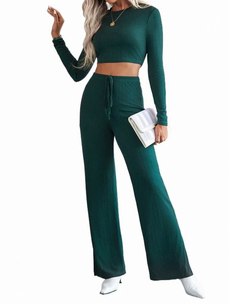 

solid crop tee & split hem pants x59z#, White
