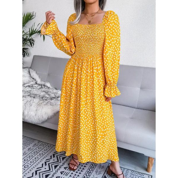 

mix floral print pleated dress autumn winter square neck long sleeve pleated dresses s-xl, Black;gray