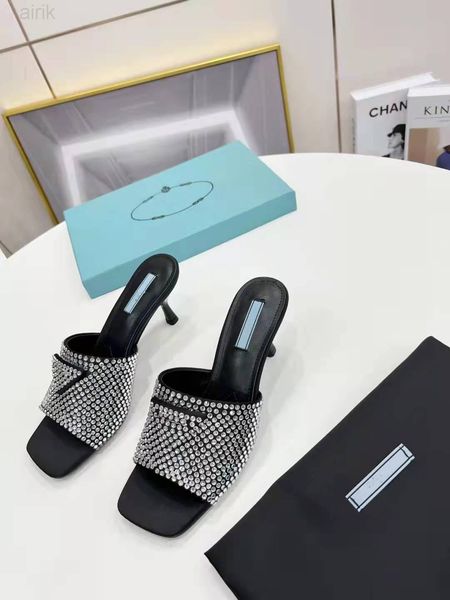 

2023 spring crystal diamond slippers iconic square head high-heeled women shoes size 35-42, Black