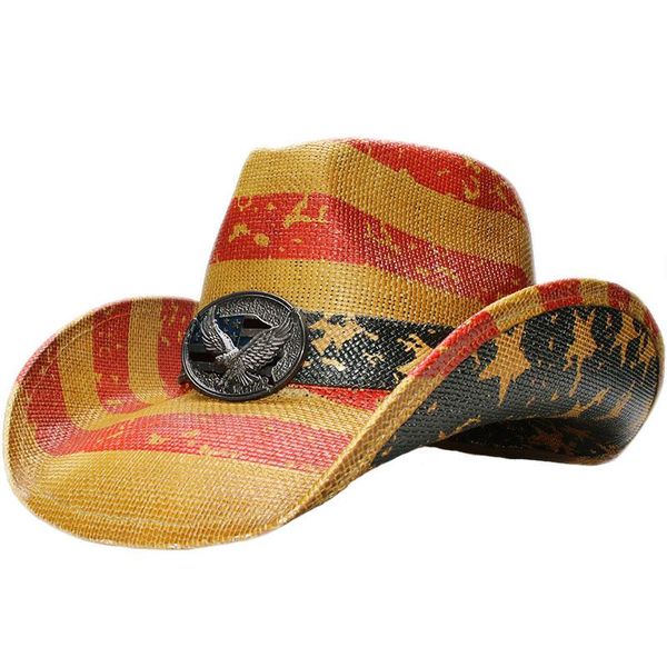 

berets eagle & national flag band women's men's unisex's retro hard paint straw wide brim sun beach cowboy cowgirl western h, Blue;gray
