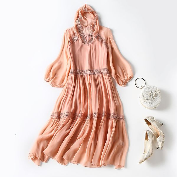 

casual dresses early spring high waist fashion silk temperament medium length skirt solid color sweet french mulberry dress ql1c, Black;gray
