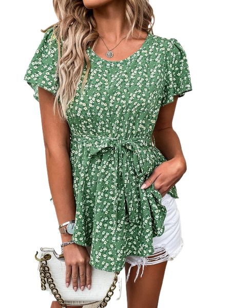 

ditsy floral print butterfly sleeve belted blouse t4on#, White