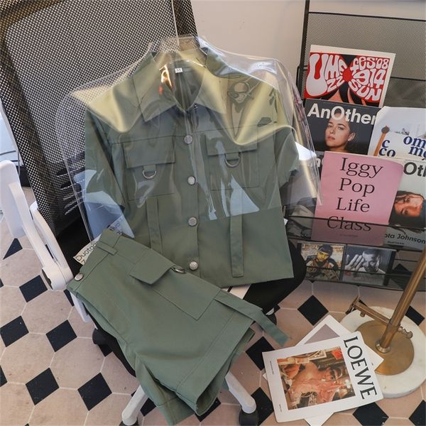 

womens two piece sets shortsleeved shirts high and waist shorts pants fashion tooling suit summer safari style overalls outfit 220527, White