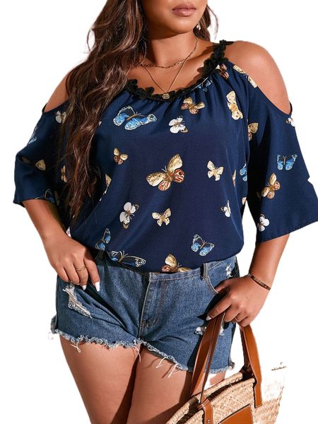 

plus butterfly print appliques cold shoulder blouse c3ug#, Black