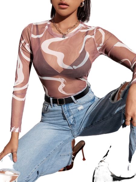 

brush print mesh without bra g4hi#, White