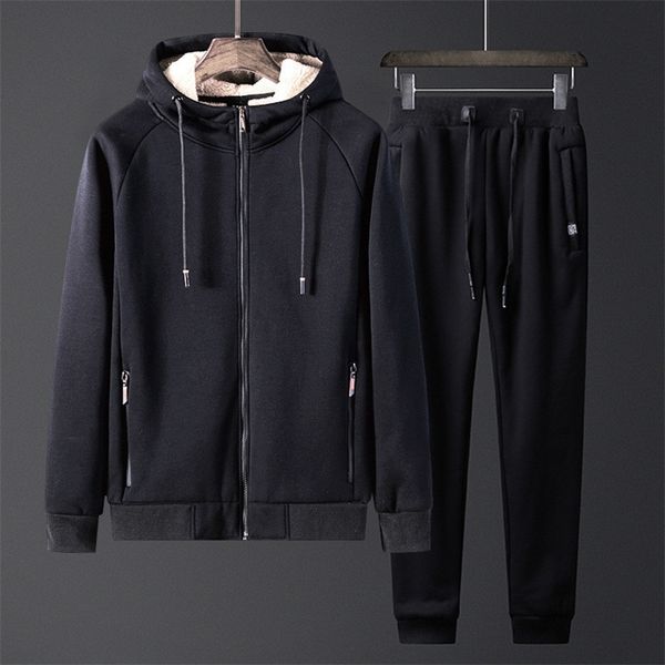 

men s sets winter lambcashmere men s coat plus velvet thickening warm sportswear casual fashion men s sports suit chandal hombre lj201126, Gray