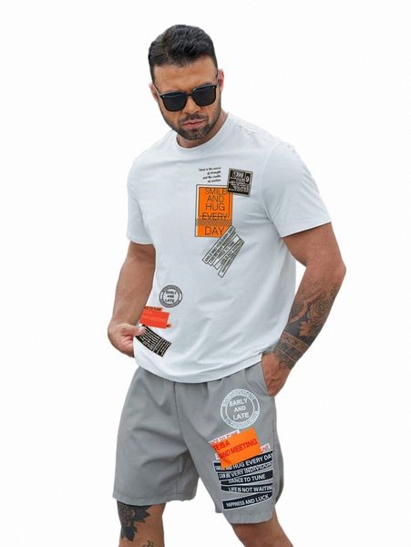

extended sizes men slogan graphic tee & drawstring waist shorts j7k4#, Gray