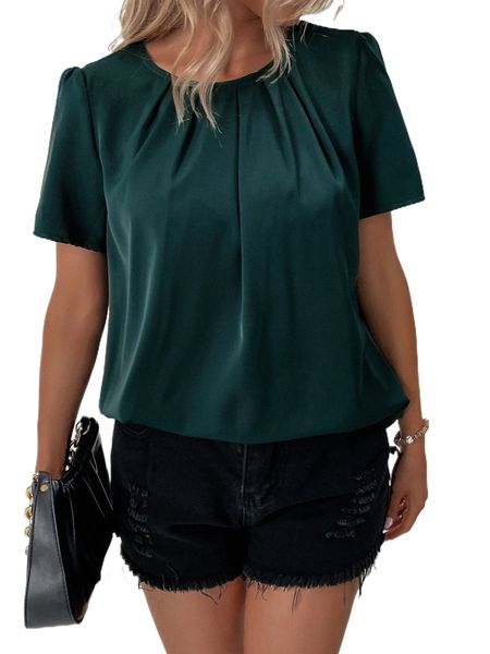 

solid keyhole back puff sleeve blouse t2tl#, White