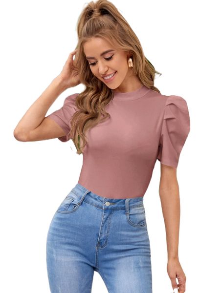 

mock neck leg-of-mutton sleeve tee b5fh#, White