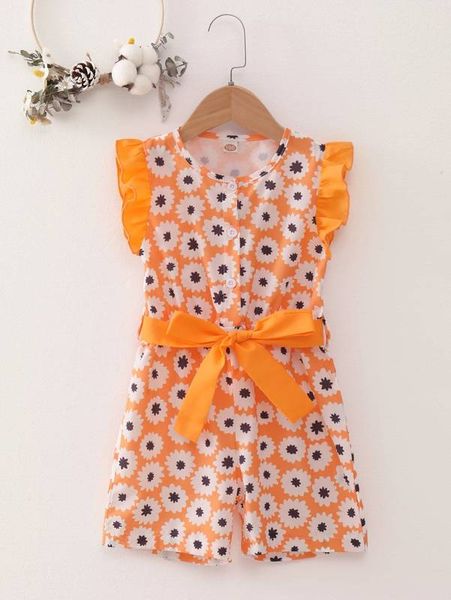 

toddler girls floral ruffle trim belted romper she, Blue