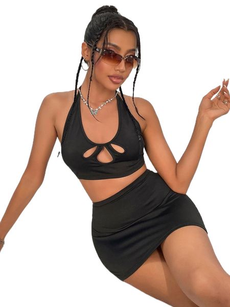 

cut out crop halter & bodycon skirt x4b4#, White