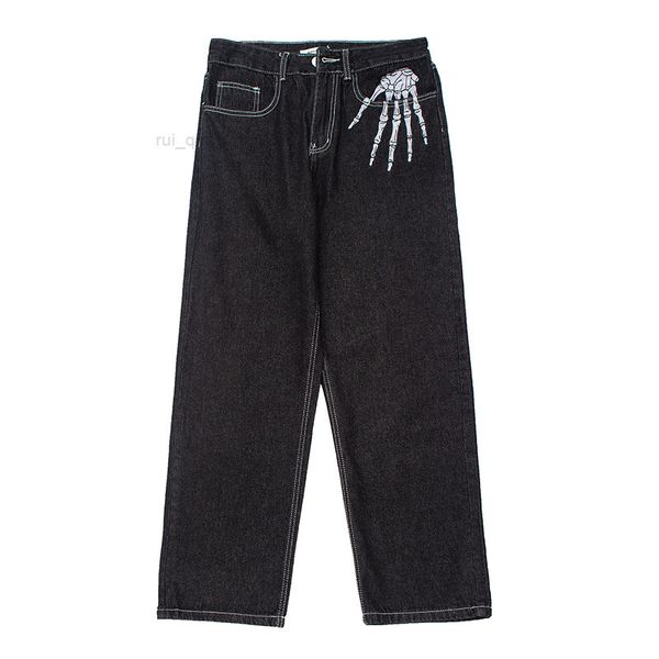 

washed mens embroidery jeans pants straight casual oversize trousers, Blue