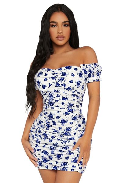 

sxy floral print off shoulder ruched bodycon dress g3ij#, Black;gray