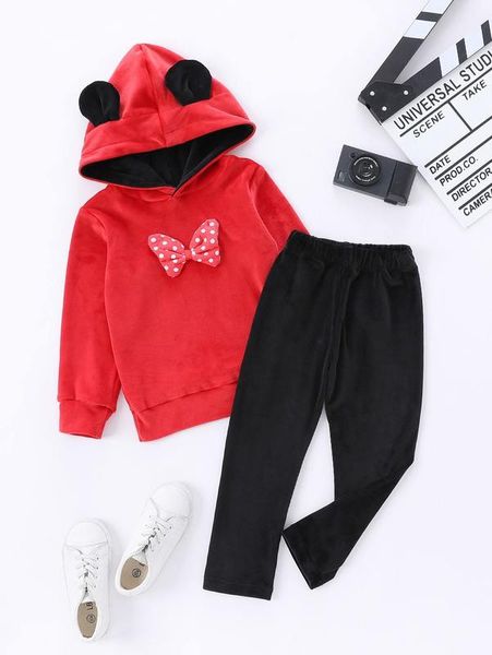 

toddler girls bow front 3d ears design hoodie & pants she, White