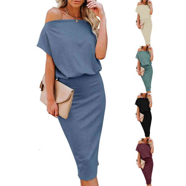 

casual dresses summer dress women's solid color straight neck bat sleeve waist bag hip skirt 3mrz, Black;gray