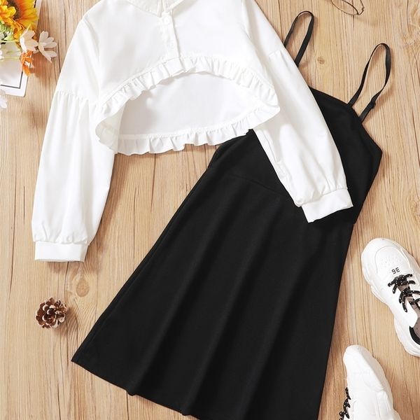 

girls high low ruffle trim blouse & cami dress she, White