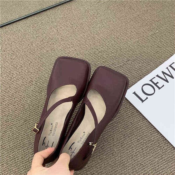 

dress shoes small leather shoes fashion square toe high heels solid color chunky heeled sandals women mary jane loafers 220320, Black