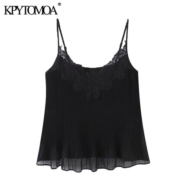 

kpytomoa women fashion lace trims pleated tank vintage backless thin straps with lining female camis mujer 210325, White