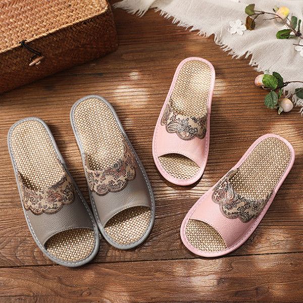 

summer women's thick linen leather slippers with european soles, Black