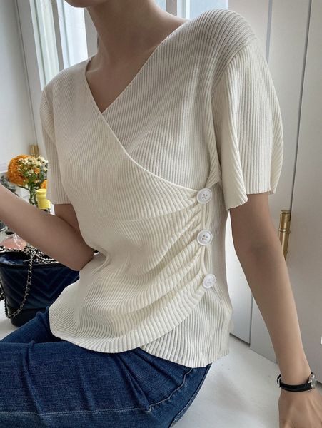 

dazy solid button side wrap knit 641p#, White;black