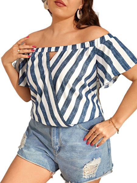 

plus striped off shoulder cut out front blouse o4y6#, Black