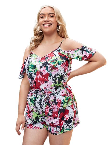 

plus floral print cold shoulder blouse y6gx#, Black