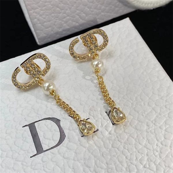 

fashion jewelry online rhinestone twist piece chain pearl long earrings 2022 925 silver needle female, Golden