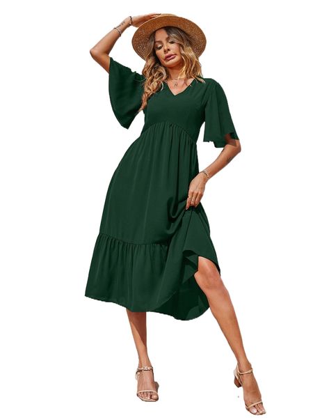 

butterfly sleeve ruffle hem dress 37hl#, Black;gray