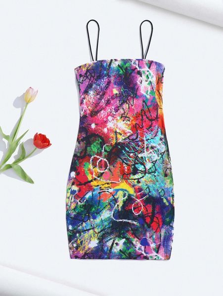 

x suzettevidaartworks graphic print bodycon dress f9a4#, Black;gray