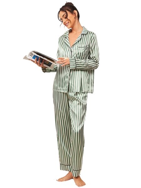 

striped contrast piping pj set o4lc#, Black;red