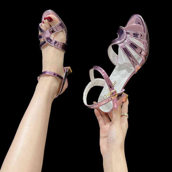 

2022 summer new high-heeled fish mouth sandals women's thin heel line buckle women's sandals, Black