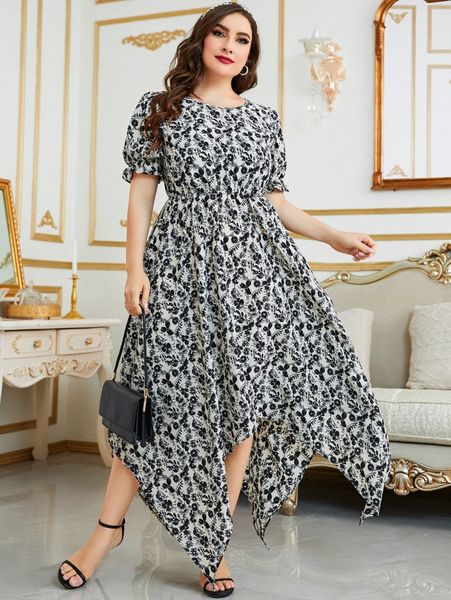 

plus allover floral print puff sleeve hanky hem dress 919o#, Black