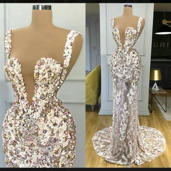 2022 3D Floral Applique Sereia Vestidos de Noite Pérolas Frisadas Cristais Correias Sweep Train Custom Made Plus Size Formal Prom Party Vestido Wear Vestidos