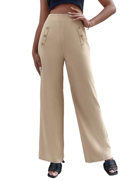 

high waist fake button wide leg pants 16ht#, Black;white