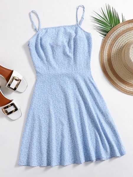 

allover plants flared hem dress s4oa#, Black;gray