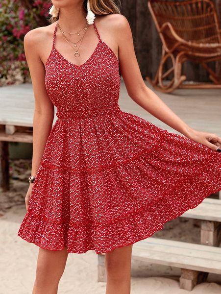 

tie backless ditsy floral halter dress z9gp#, Black;gray