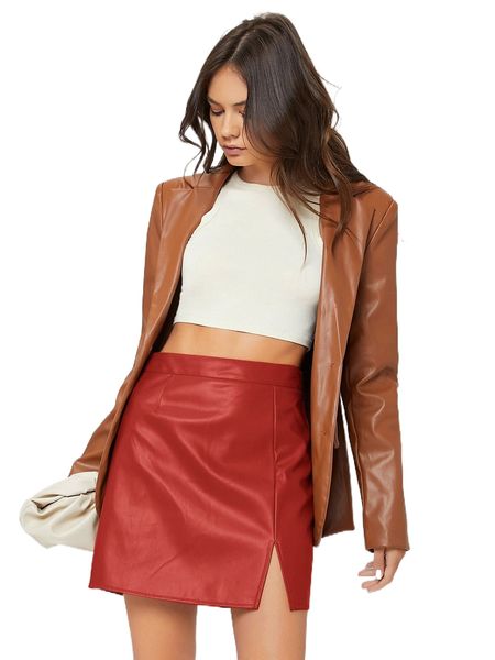 

solid zip back split hem pu leather straight skirt i9h8#, Black