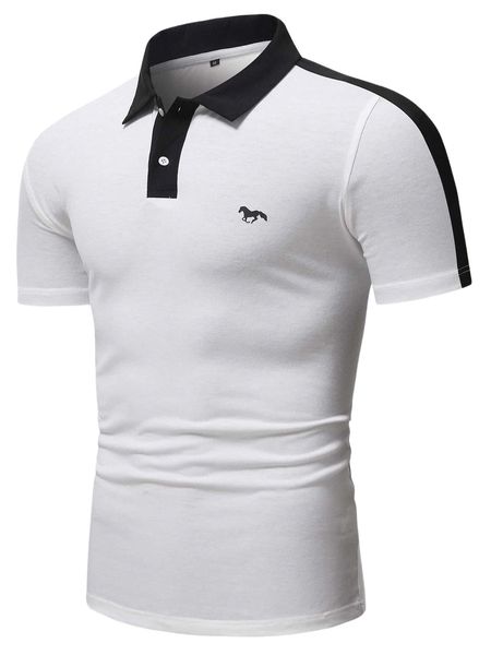 

men contrast sideseam horse print polo shirt e0hl#, White;black