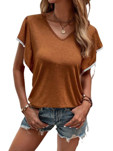 

guipure lace detail flutter sleeve tee u75t#, White