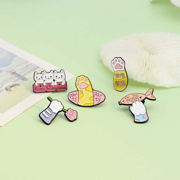 

always be pawlife happy cat claw fish flower cartoon cute animal brooch, Gray