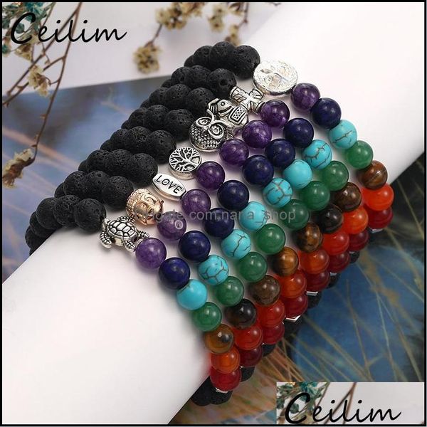 Fili di perline Bracciali Gioielli Moda Perline di pietra lavica nera naturale per uomo Testa di Buddha Albero della vita Fascino 7 Reiki Chakra Yoga con perline