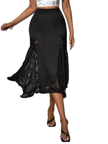 

high waist contrast lace split thigh skirt 83si#, Black