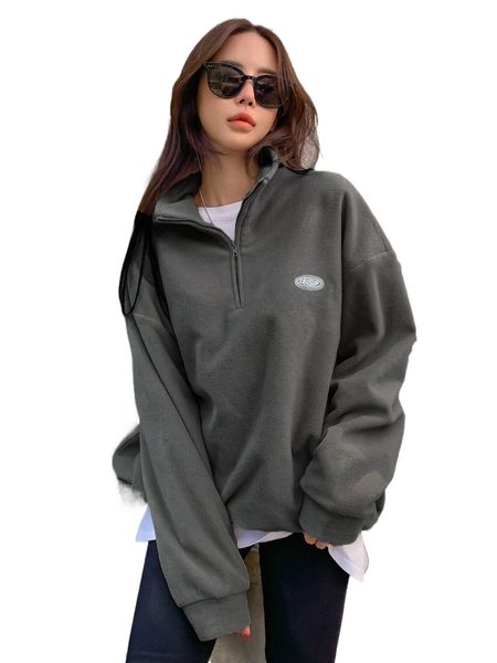

dazy patched detail drawstring hem drop shoulder fleece pullover i0da#, Black
