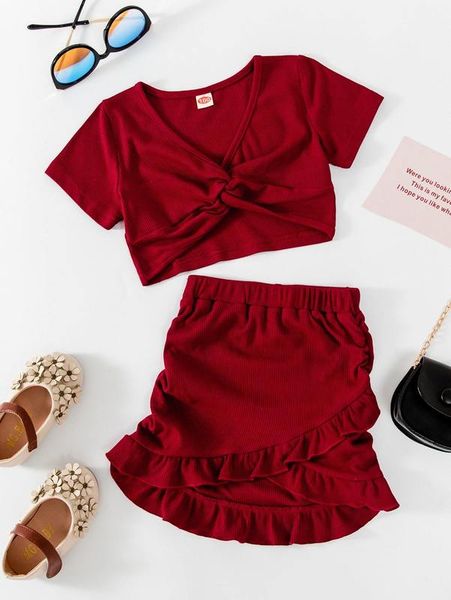 

toddler girls twist tee & ruffle trim ruched high low skirt she, White