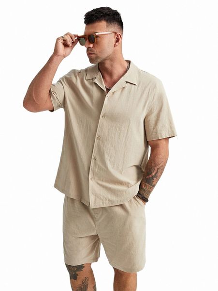 

extended sizes men solid lapel neck shirt & shorts f7ni#, Gray