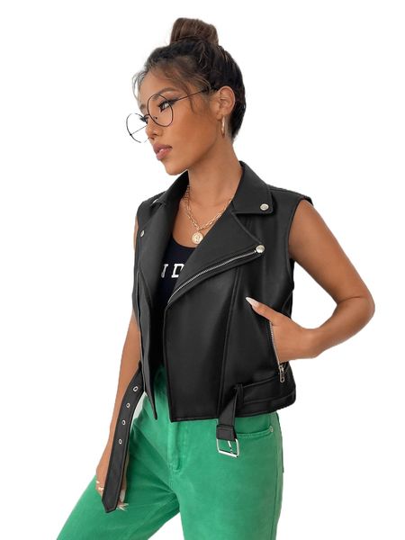 

zip pocket grommet buckle pu biker jacket t2bv#, Black;brown
