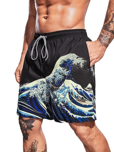 

extended sizes men wave print drawstring waist swim shorts q6sg#, White;black